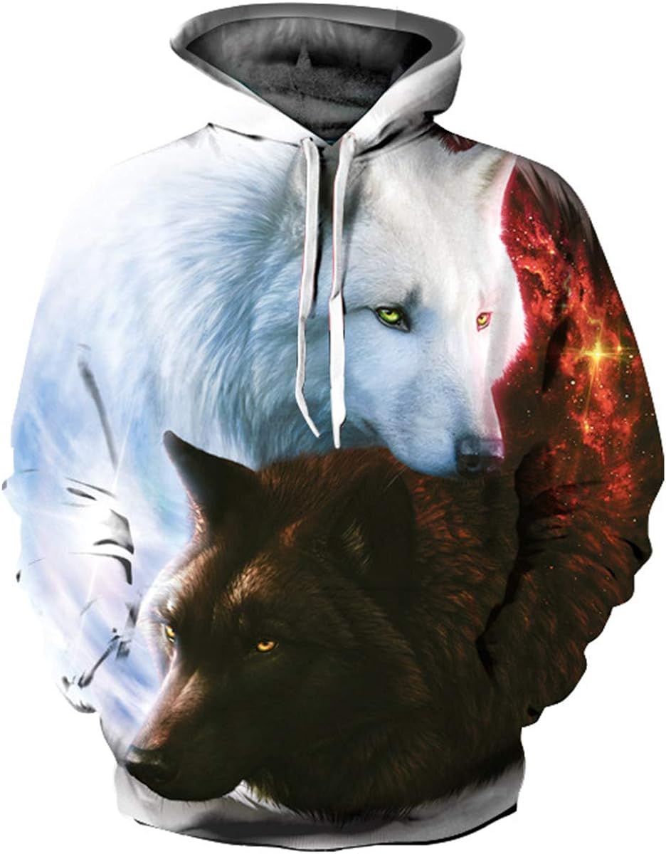 Black&white Wolf GLUDEAR Men's Realistic 3D Digital Print Pullover Hoodie Hooded Sweatshirt