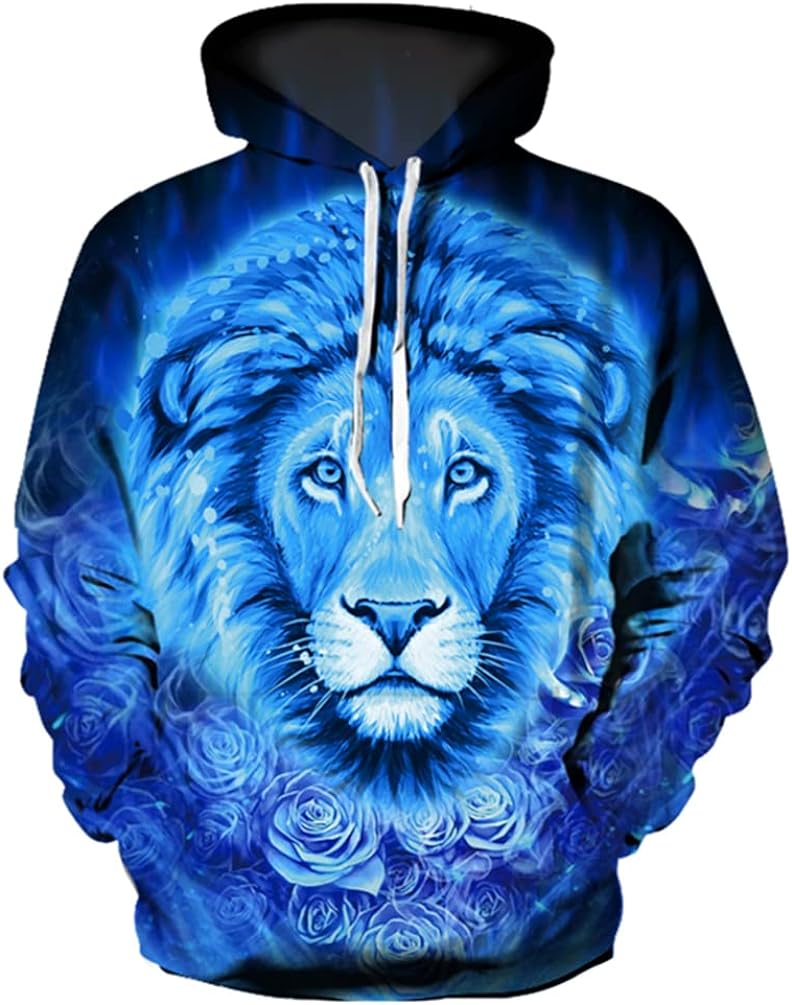Blue Rose Lion GLUDEAR Men's Realistic 3D Digital Print Pullover Hoodie Hooded Sweatshirt