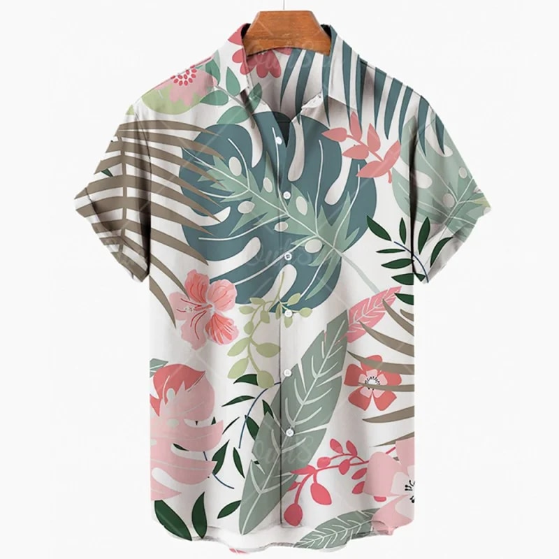 Summer Men's Leaves Elegant Floral Social Hawaiian Short Sleeve Oversized Casual Shirt Printing Vacation Style Harajuku Camisa<!-- --> 
